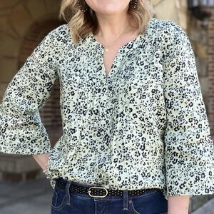 J. Jill | Love Linen Mint & Navy Floral Boho Cottagecore 100% Linen Blouse, S